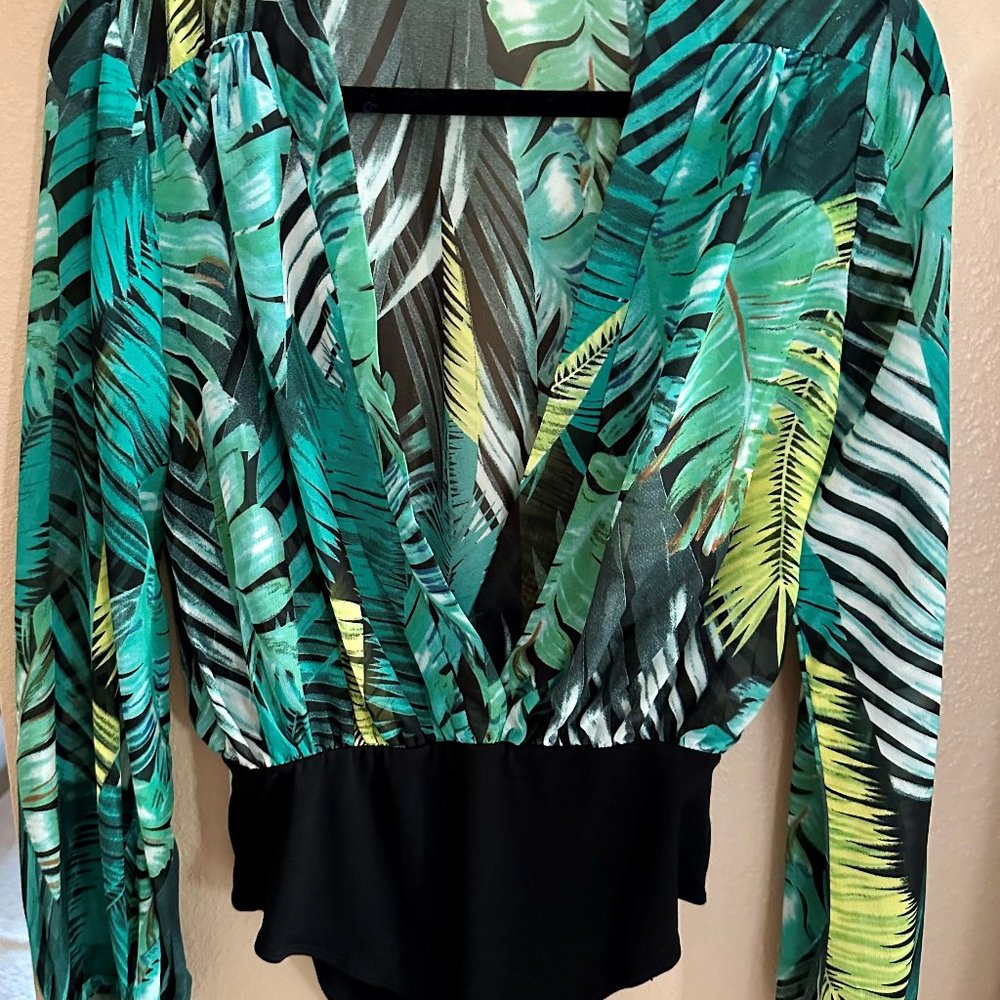 Steps NY Sheer Sexy Tropical Palm Green Black Yellow Bodysuit Small Poly Spandex